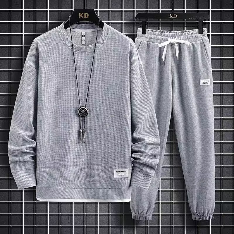 Waffle Long-Sleeved Suit Men'S Shirt Casual Set Clothes Spring Autumn Winter Fashionable Solid Color Loose Fake Two-Piece T-Shirt - Image 1