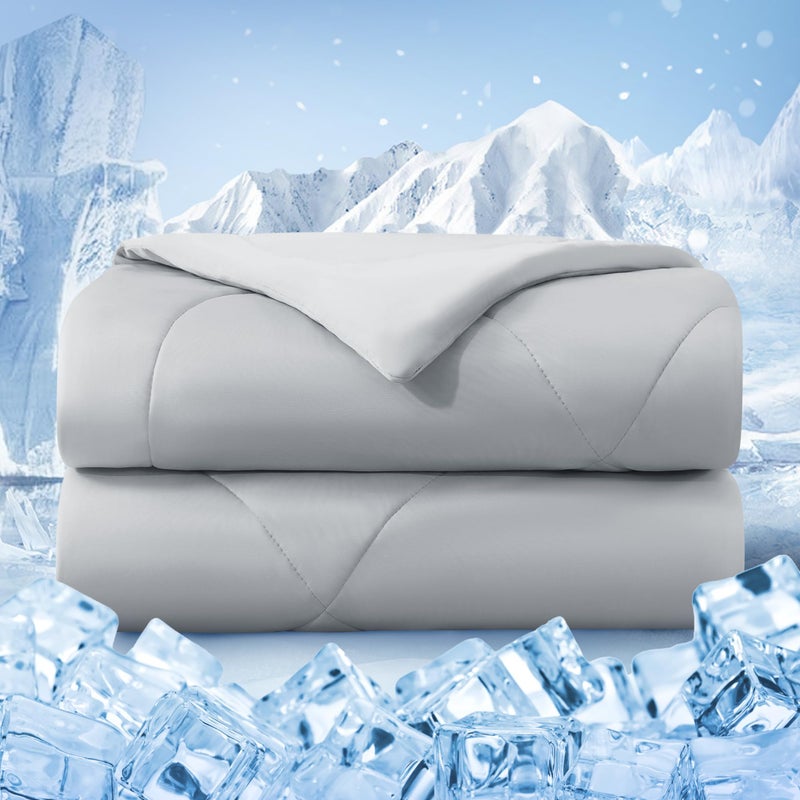 bedsmile Cooling Comforter Queen Size, Double-Sided Cold Tech Fabric Quilted Bed Comforters Cooling Blanket for Hot Sleepers, Breathable Lightweight Summer Bedding, All-Season Ice Blanket, Light Gray - Image 1
