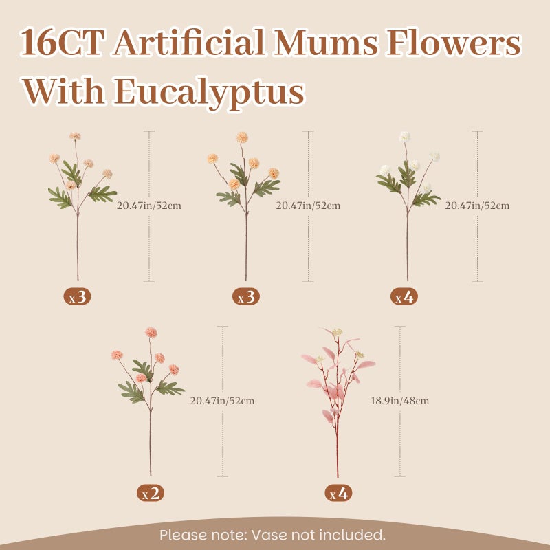 Alupssuc 16PCS Faux Silk Pompon Mums Artificial Flowers with Eucalyptus, Fake Chrysanthemum Floral for DIY Vase Arrangement, Long Stem Dining Table Centerpiece Home Decor, Mix 4 Colors - Image 2