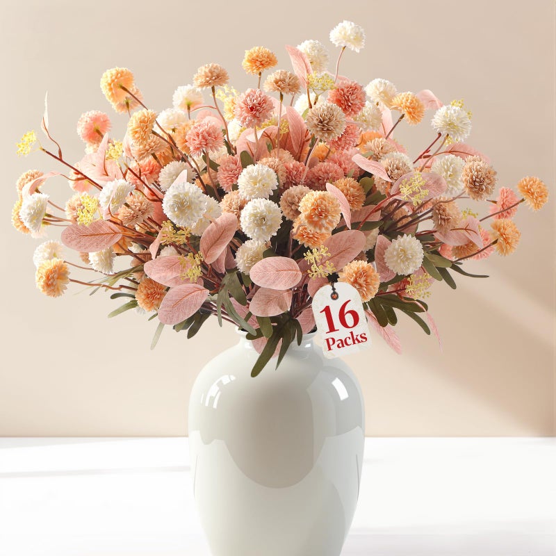 Alupssuc 16PCS Faux Silk Pompon Mums Artificial Flowers with Eucalyptus, Fake Chrysanthemum Floral for DIY Vase Arrangement, Long Stem Dining Table Centerpiece Home Decor, Mix 4 Colors - Image 1