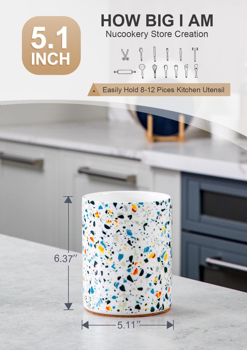 Nucookery Utensil Holder, 6.4" Ceramic Kitchen Utensil Holder for Countertop with Protection Cork Bottom, Vintage Farmhouse Kitchen Decor for Counter, Gift (Marble Pattern) - Image 2