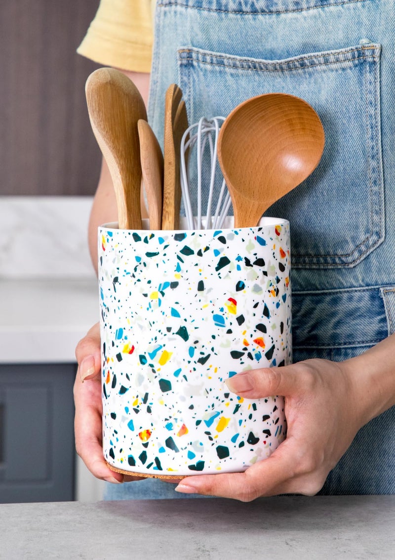 Nucookery Utensil Holder, 6.4" Ceramic Kitchen Utensil Holder for Countertop with Protection Cork Bottom, Vintage Farmhouse Kitchen Decor for Counter, Gift (Marble Pattern) - Image 3