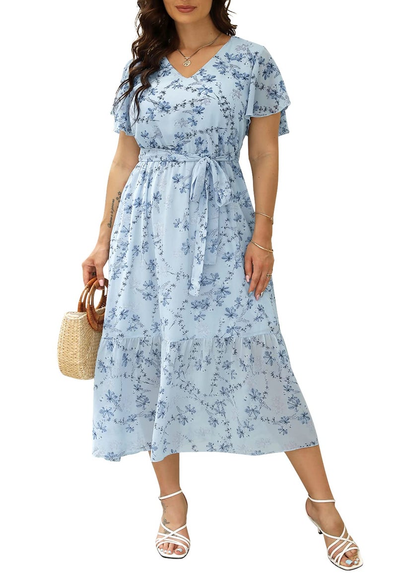 Nemidor Plus Size Women Casual Maxi Dresses Print Bobo Belted Layered Chiffon Summer Long Dress with Ruffle Sleeve(310,24,Light Blue) - Image 1