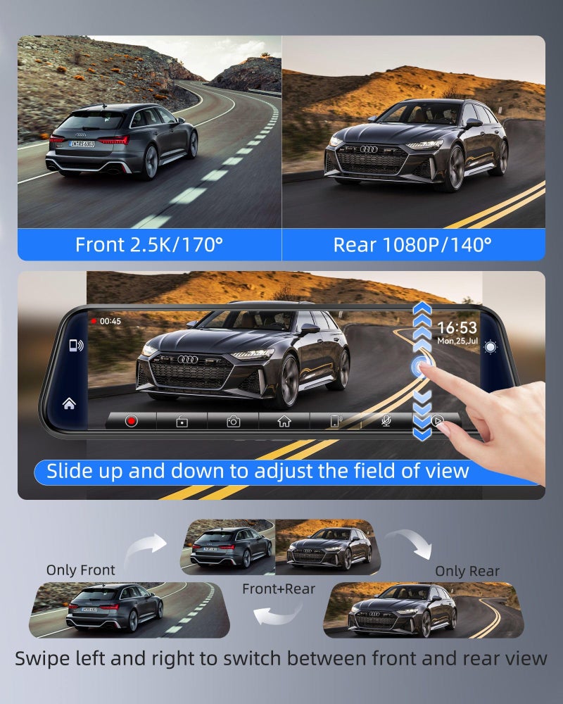 KOUENOM 2.5K Mirror Dash Cam with Carplay&Android Auto,10" Rear View Mirror Camera for Cars/Trucks with Voice Control/ 64GB Card/Touch Screen/Parking Monitor/Reverse Assist/Dual Loop Record/WDR Tech - Image 4