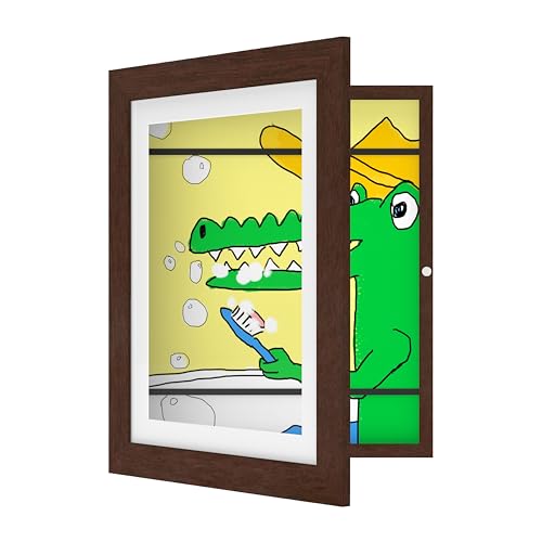 FrameWorks 10x125 Mahogany Wooden Kids Art Frame with Magnetic Door  Display for 3D Artwork Photos Crafts  Gallery Style Edges Wall Decor for Home Playroom Easy Access Frame for Creativity