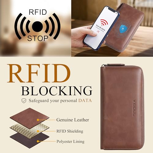 VISOUL Leather Long Zipper Pouch Wallet for Men and Women with RFID Blocking, Large Clutch Cash Long Wallet with Zipper (Brown) - Image 4