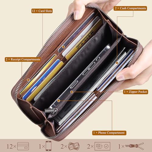 VISOUL Leather Long Zipper Pouch Wallet for Men and Women with RFID Blocking, Large Clutch Cash Long Wallet with Zipper (Brown) - Image 2
