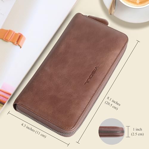 VISOUL Leather Long Zipper Pouch Wallet for Men and Women with RFID Blocking, Large Clutch Cash Long Wallet with Zipper (Brown) - Image 3