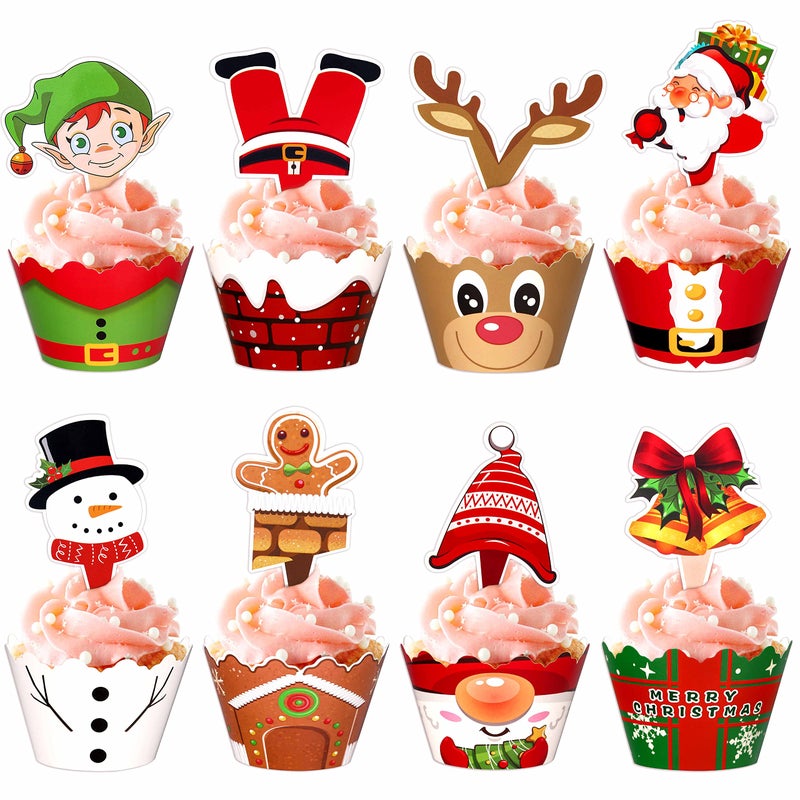 Moon Boat 128 Pieces Christmas Cupcake Toppers Wrappers Party Supplies Favors  Snowman Santa Claus Reindeer Elf Gnome Gingerbread