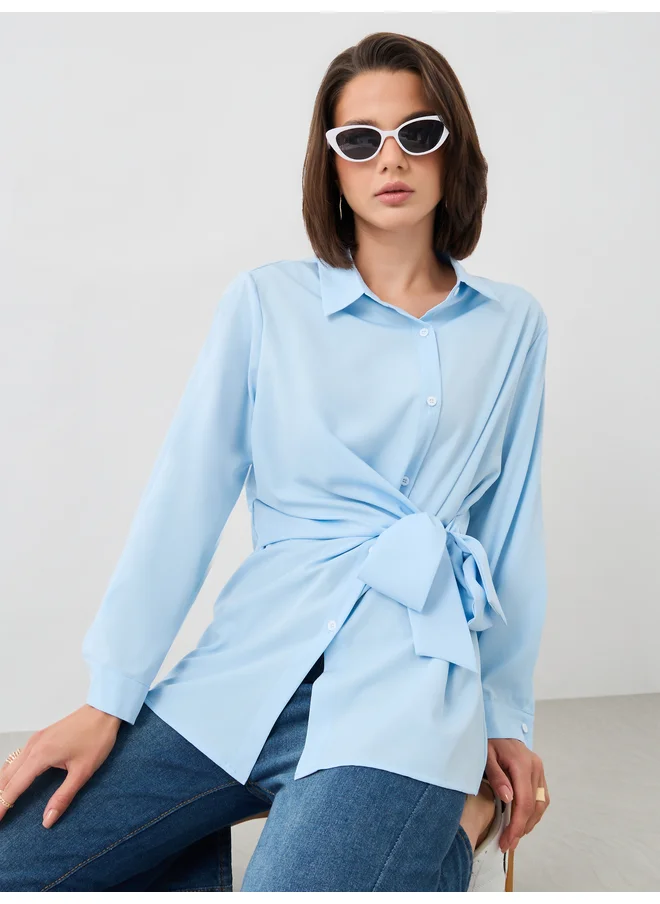 Take Two Take Two Solid Long Sleeve Wrap Shirt with Tie-Up Detail