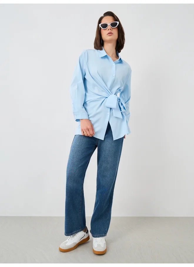Take Two Take Two Solid Long Sleeve Wrap Shirt with Tie-Up Detail