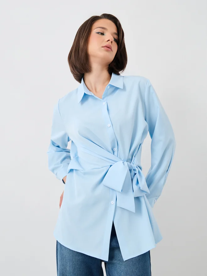Take Two Take Two Solid Long Sleeve Wrap Shirt with Tie-Up Detail