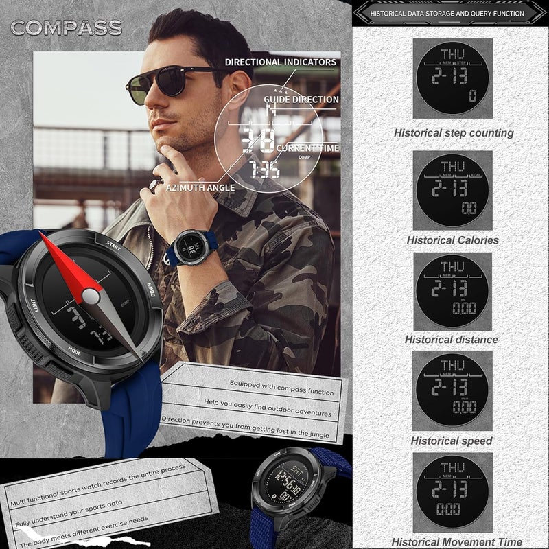 BIEWO Military Sports Watch for Men Digital Tactial Watches Men's Waterproof 5ATM Fitness Watch with Compass Metronome Calorie Step Counte Stopwatch Pacer Running Watch - Image 4