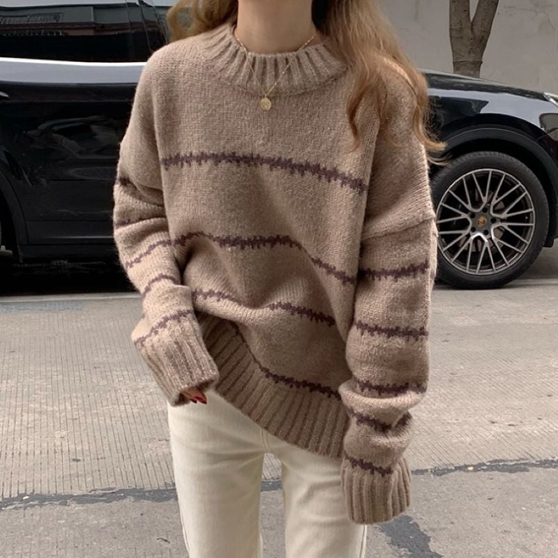Vintage Japanese Style Laid-back Loose Sweater Womens Thickened Autumn and Winter 2024 New Long-sleeved Striped Mock Collar Sweater Khaki