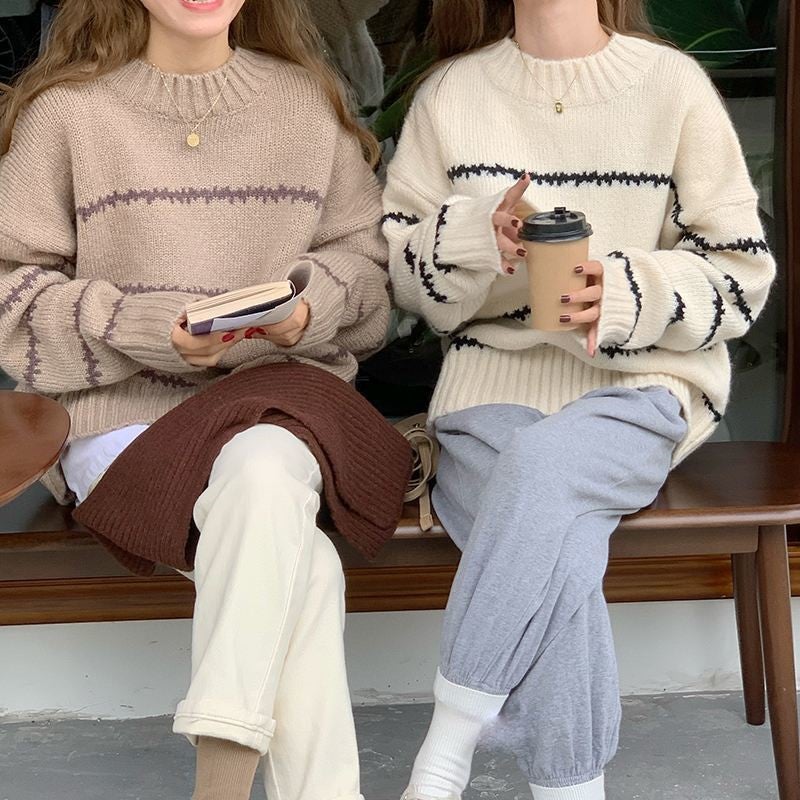 Vintage Japanese Style Laid-back Loose Sweater Womens Thickened Autumn and Winter 2024 New Long-sleeved Striped Mock Collar Sweater Khaki