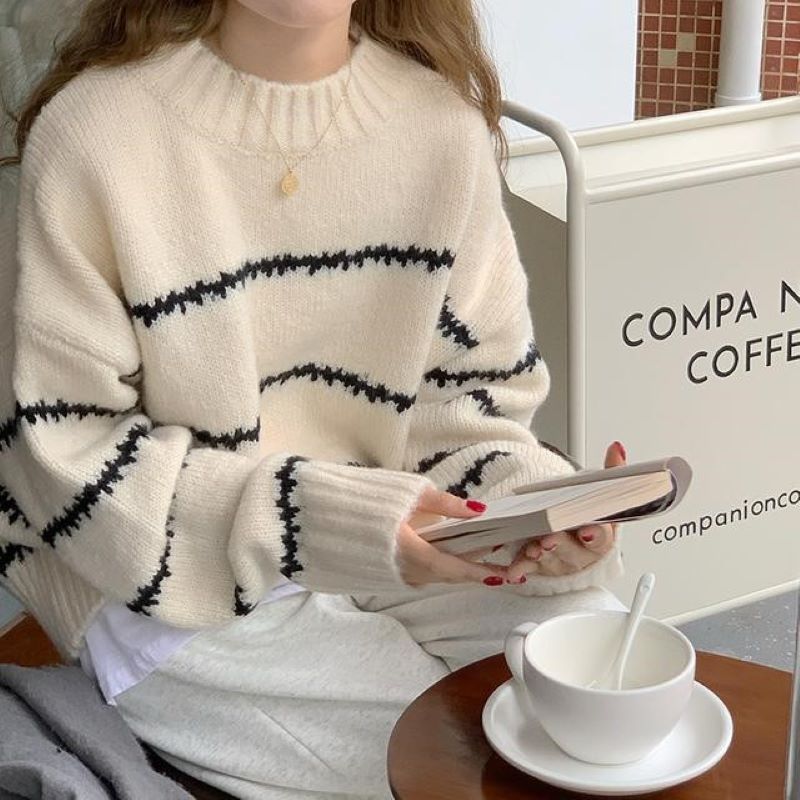 Vintage Japanese Style Laid-back Loose Sweater Womens Thickened Autumn and Winter 2024 New Long-sleeved Striped Mock Collar Sweater Khaki