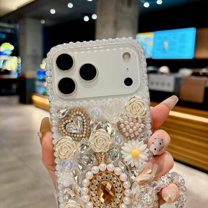 iFiLOVE حافظة بلينغ ماسية iFiLOVE لجهاز iPhone 17 Pro Max مع حزام زهري، حافظة كريستالية لامعة فاخرة 3D مع لؤلؤة وزهرة حب، سوار معصم للفتيات والنساء والأطفال (شمبانيا) - Image 5