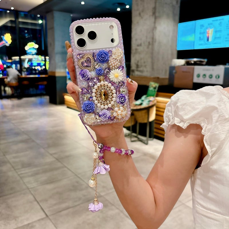 iFiLOVE حافظة بلينغ ماسية iFiLOVE لجهاز iPhone 17 Pro Max مع حزام زهري، حافظة كريستالية لامعة فاخرة 3D مع لؤلؤة وزهرة حب، سوار معصم للفتيات والنساء والأطفال (شمبانيا) - Image 3