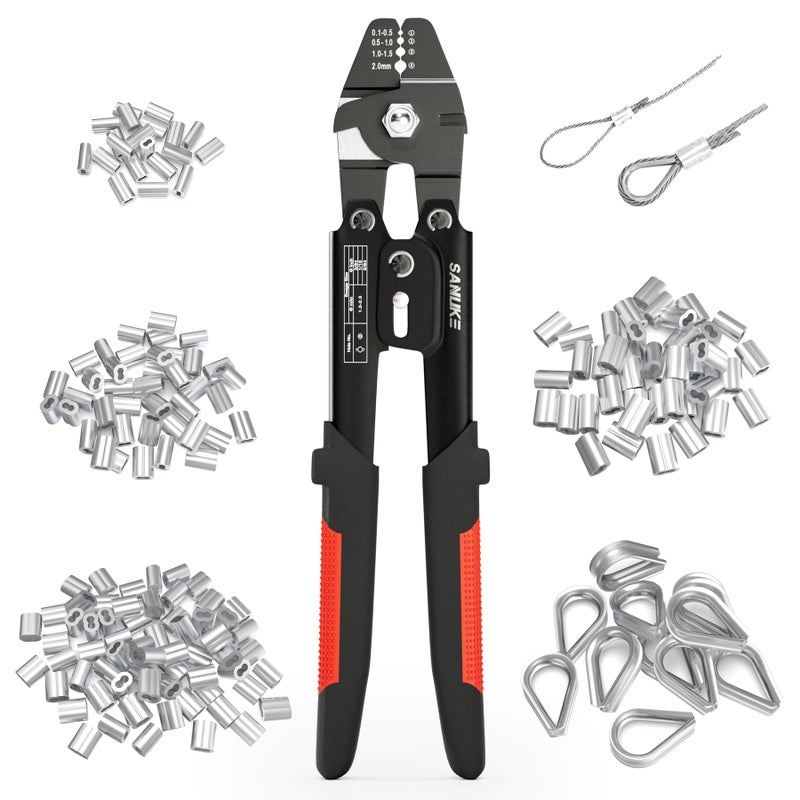 Sanuke Wire Rope Crimping Tool for 3/64 1/16 5/64 inch Aluminum Crimping Loop Sleeves Kit with 160pcs Aluminum Crimping Loop Sleeve and 10pcs Stainless Steel Thimble - Image 1