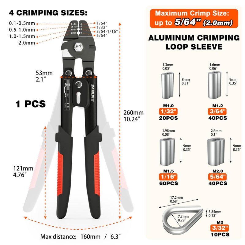 Sanuke Wire Rope Crimping Tool for 3/64 1/16 5/64 inch Aluminum Crimping Loop Sleeves Kit with 160pcs Aluminum Crimping Loop Sleeve and 10pcs Stainless Steel Thimble - Image 2