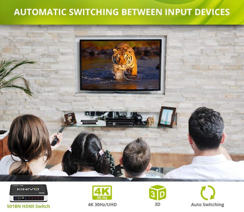 Kinivo HDMI Switch 4K HDR, (5 Port, 4K 30Hz, Auto-Switching, IR Wireless Remote) - Image 2