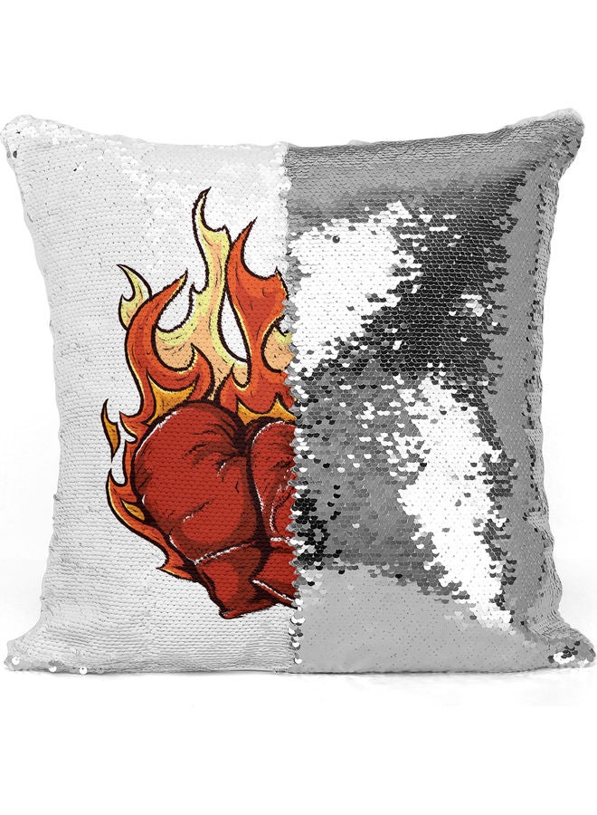 Gloves On Fire Themed Sequin Decorative Throw Pillow White/Red/Silver  - Image 3