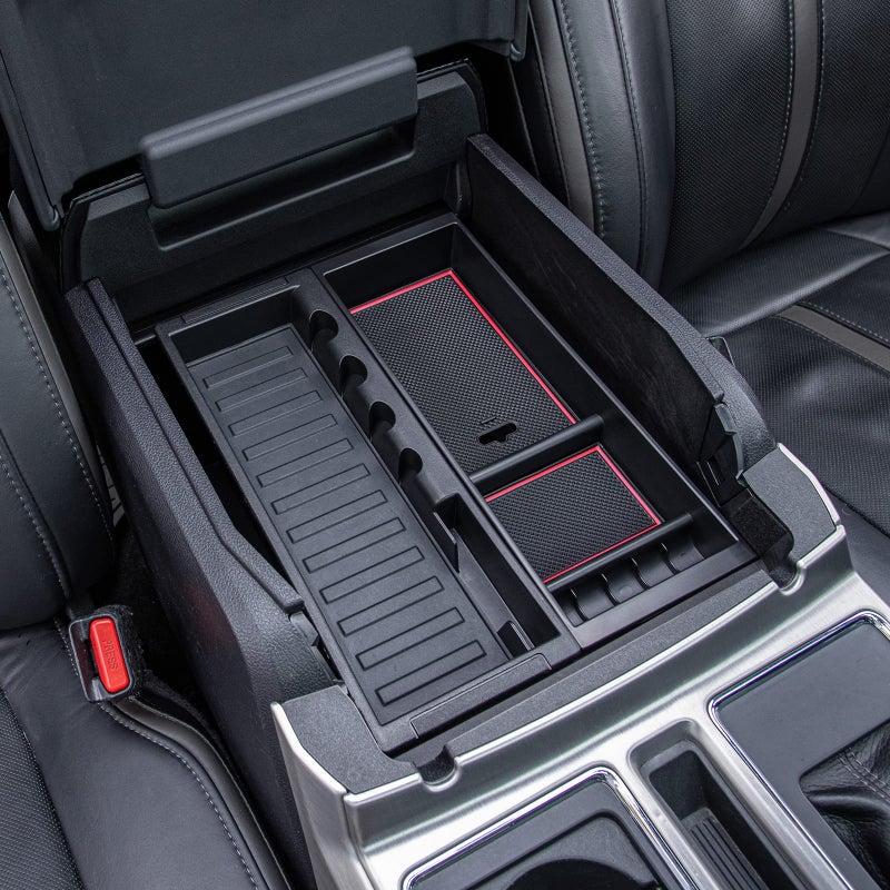 PIMCAR Center Console Organizer Tray for Ford F150 (2015-2020), Super Duty F250/F350/F450 (2017-2022), Expedition (2018-2024),ABS Plastic Single-Piece Design, Fits Factory Tray-Red Trim - Image 5