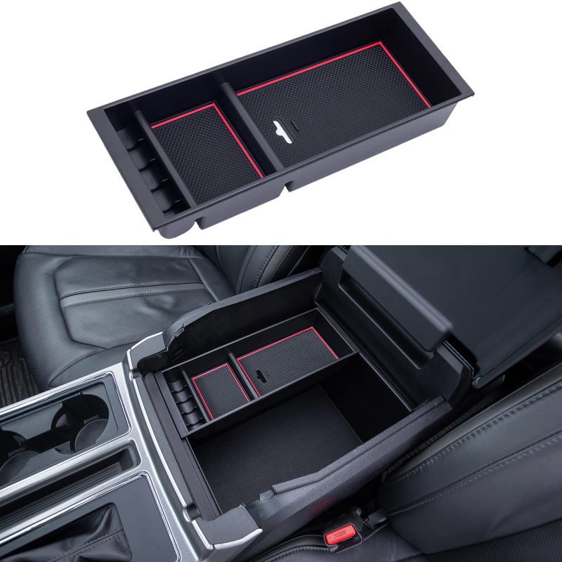 PIMCAR Center Console Organizer Tray for Ford F150 (2015-2020), Super Duty F250/F350/F450 (2017-2022), Expedition (2018-2024),ABS Plastic Single-Piece Design, Fits Factory Tray-Red Trim - Image 4