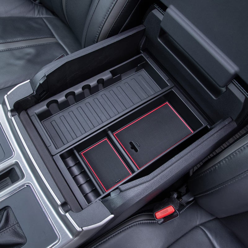 PIMCAR Center Console Organizer Tray for Ford F150 (2015-2020), Super Duty F250/F350/F450 (2017-2022), Expedition (2018-2024),ABS Plastic Single-Piece Design, Fits Factory Tray-Red Trim - Image 1
