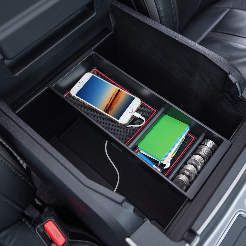 PIMCAR Center Console Organizer Tray for Ford F150 (2015-2020), Super Duty F250/F350/F450 (2017-2022), Expedition (2018-2024),ABS Plastic Single-Piece Design, Fits Factory Tray-Red Trim - Image 2