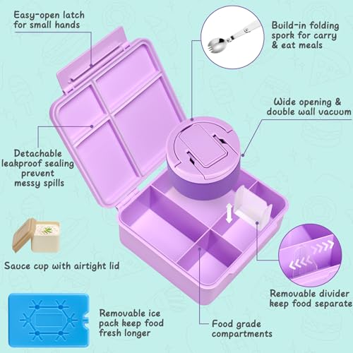 MAXSO Bento Lunch Box Set with 8 oz Soup Thermo, Kids Leakproof 4 Compartments Hot Food Container with Sauce Cup, Ice Pack and Lunch Bag, Child Insulated Food Jar for School - Purple - Image 2