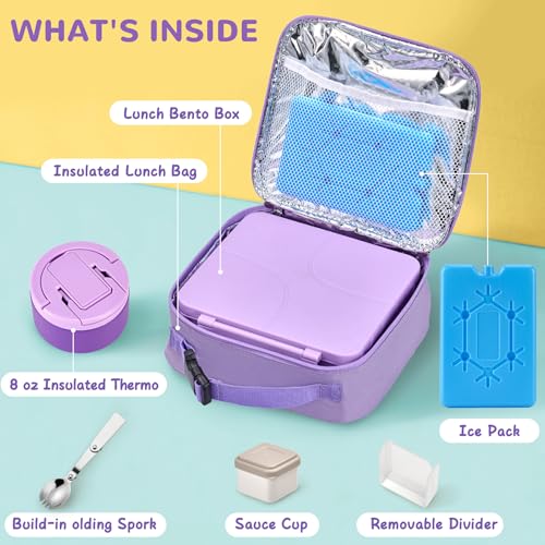 MAXSO Bento Lunch Box Set with 8 oz Soup Thermo, Kids Leakproof 4 Compartments Hot Food Container with Sauce Cup, Ice Pack and Lunch Bag, Child Insulated Food Jar for School - Purple - Image 4