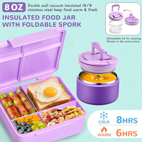 MAXSO Bento Lunch Box Set with 8 oz Soup Thermo, Kids Leakproof 4 Compartments Hot Food Container with Sauce Cup, Ice Pack and Lunch Bag, Child Insulated Food Jar for School - Purple - Image 3