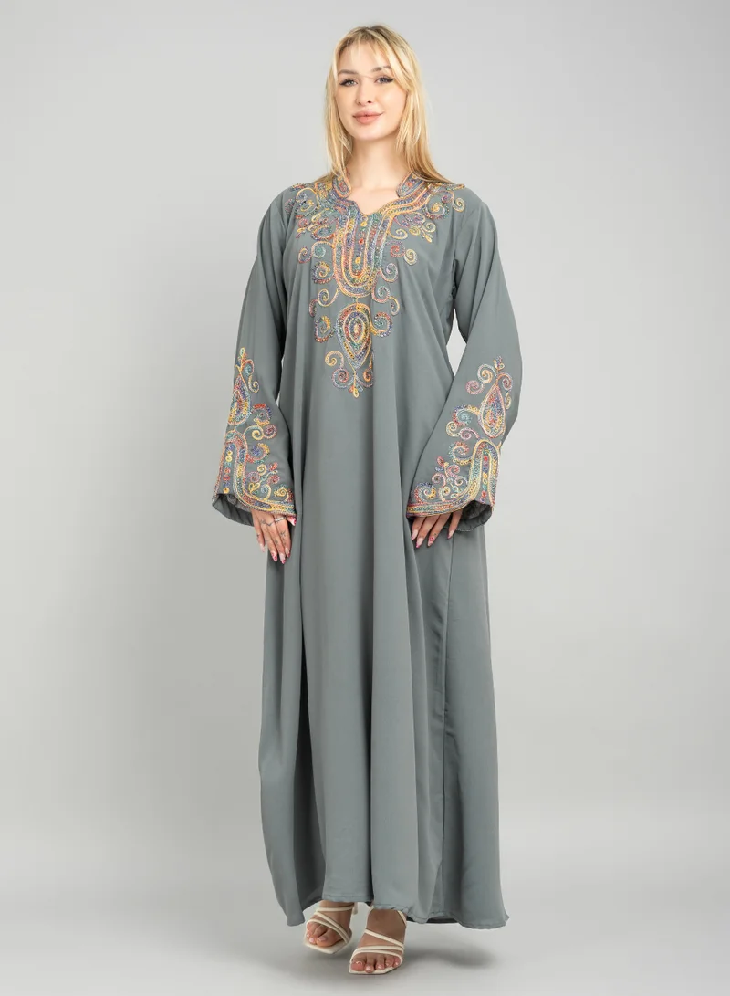 IKKXA Solid Embroidery Elegant Jalabiya XJ1003 Grey