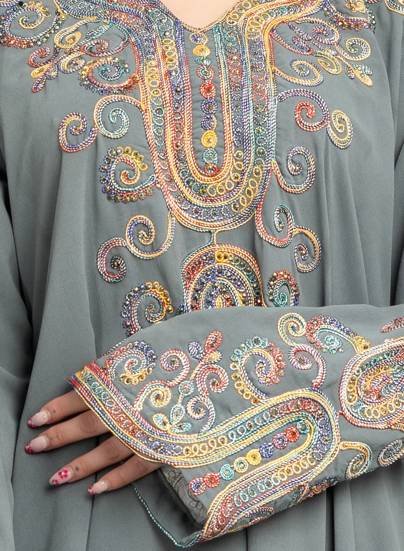 IKKXA Solid Embroidery Elegant Jalabiya XJ1003 Grey