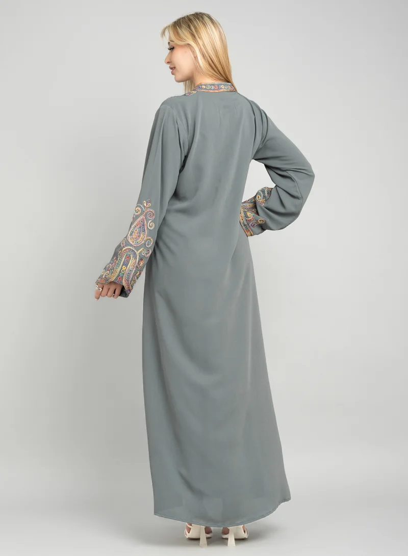 IKKXA Solid Embroidery Elegant Jalabiya XJ1003 Grey
