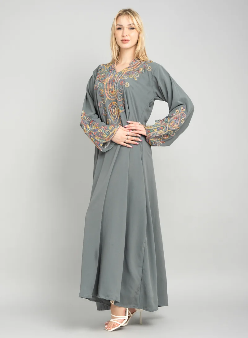 IKKXA Solid Embroidery Elegant Jalabiya XJ1003 Grey