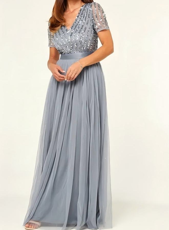 GEXUAN V - Neck Sequin Tulle Gown - Image 1