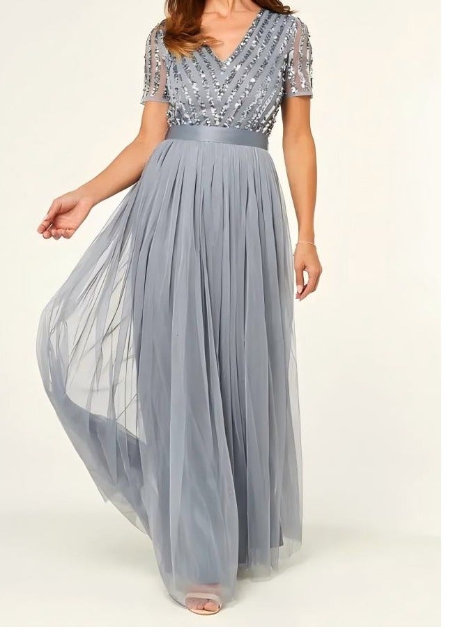 GEXUAN V - Neck Sequin Tulle Gown - Image 2