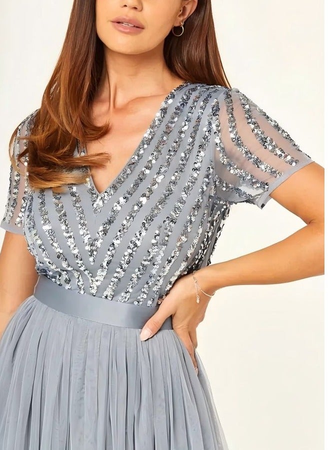 GEXUAN V - Neck Sequin Tulle Gown - Image 3