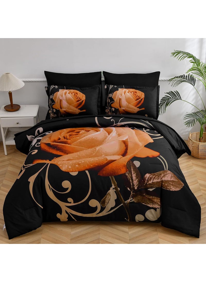 Xruibed Floral Comforter Set King 7 Piece Bed in a Bag Orange Rose Flower Comforter with Sheet Set Soft Micorfiber Bedding Set (1 Comforter 2 Pillow Shams 1 Flat Sheet 1 Fitted Sheet 2 Pillowcases)  - Image 1