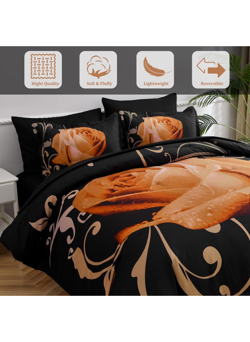 Xruibed Floral Comforter Set King 7 Piece Bed in a Bag Orange Rose Flower Comforter with Sheet Set Soft Micorfiber Bedding Set (1 Comforter 2 Pillow Shams 1 Flat Sheet 1 Fitted Sheet 2 Pillowcases)  - Image 4