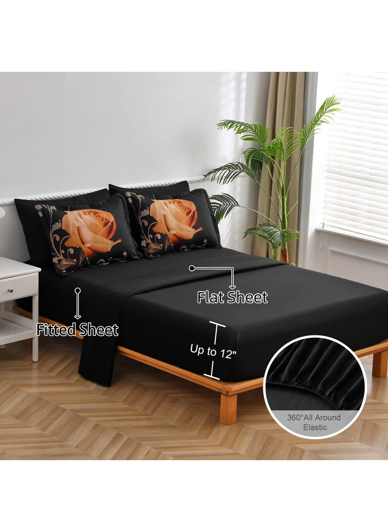 Xruibed Floral Comforter Set King 7 Piece Bed in a Bag Orange Rose Flower Comforter with Sheet Set Soft Micorfiber Bedding Set (1 Comforter 2 Pillow Shams 1 Flat Sheet 1 Fitted Sheet 2 Pillowcases)  - Image 3