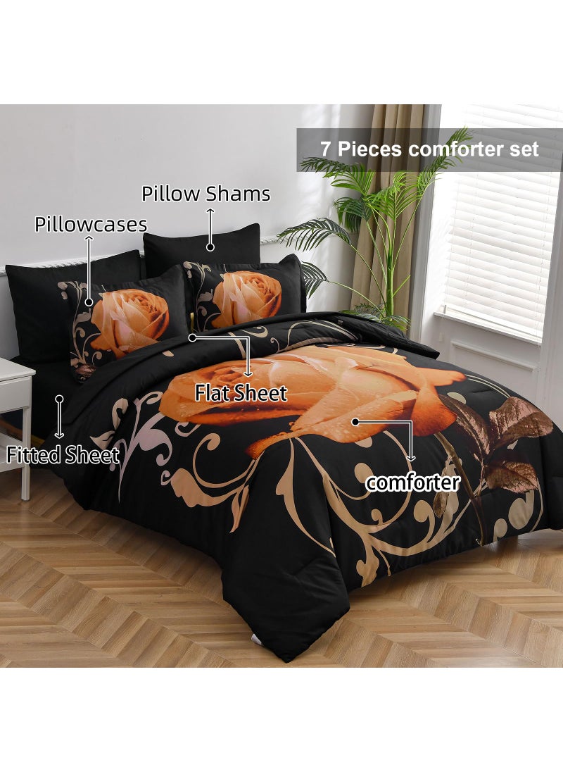 Xruibed Floral Comforter Set King 7 Piece Bed in a Bag Orange Rose Flower Comforter with Sheet Set Soft Micorfiber Bedding Set (1 Comforter 2 Pillow Shams 1 Flat Sheet 1 Fitted Sheet 2 Pillowcases)  - Image 2