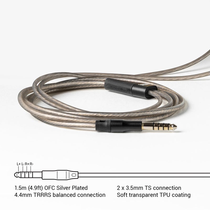 MEZE AUDIO ميزي أوديو | كابل متوازن ترقية 4.4 مم OFC لسلسلة 99 | نحاس OFC مطلي بالفضة | موصل ذكر 4.4 مم إلى موصل مزدوج TS مونو 3.5 مم | طول الكابل 1.50 م/4.9 قدم - Image 3