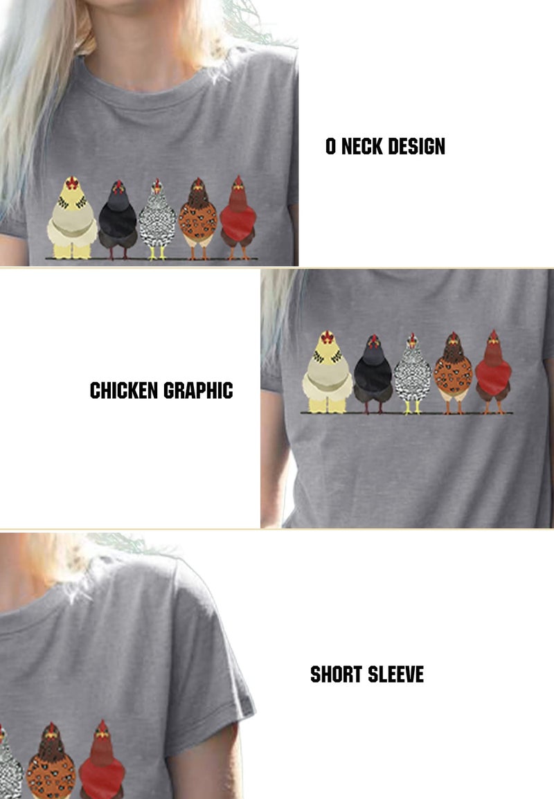 VILOVE Chicken Tshirt Mom Cute T Shirts Womens Short Sleeves Farm Country Casual Tee Tops Gray - Image 5