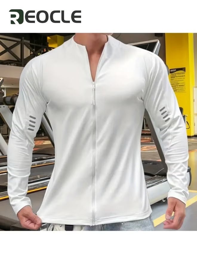 REOCLE - Mens Long Sleeve Compression Sport Outfits Sun Protection Running Top Cool Dry Baselayer Athletic Fitness Clothes White - Image 1
