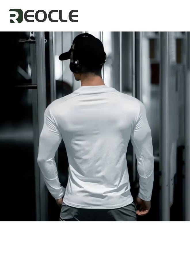 REOCLE - Mens Long Sleeve Compression Sport Outfits Sun Protection Running Top Cool Dry Baselayer Athletic Fitness Clothes White - Image 1