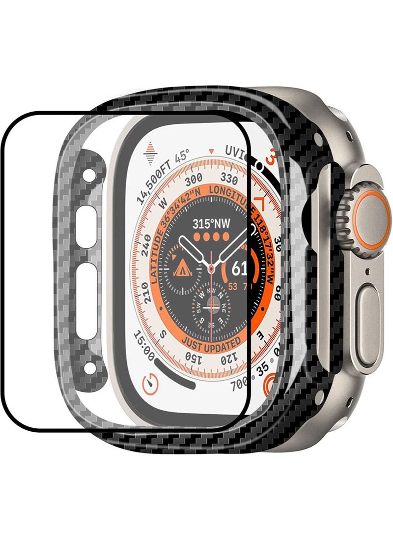 MONOCARBON - Real Carbon Fiber Apple Watch ULTRA 49mm Case Cover includes Tempered Glass Screen Protector - Glossy Black - Image 1
