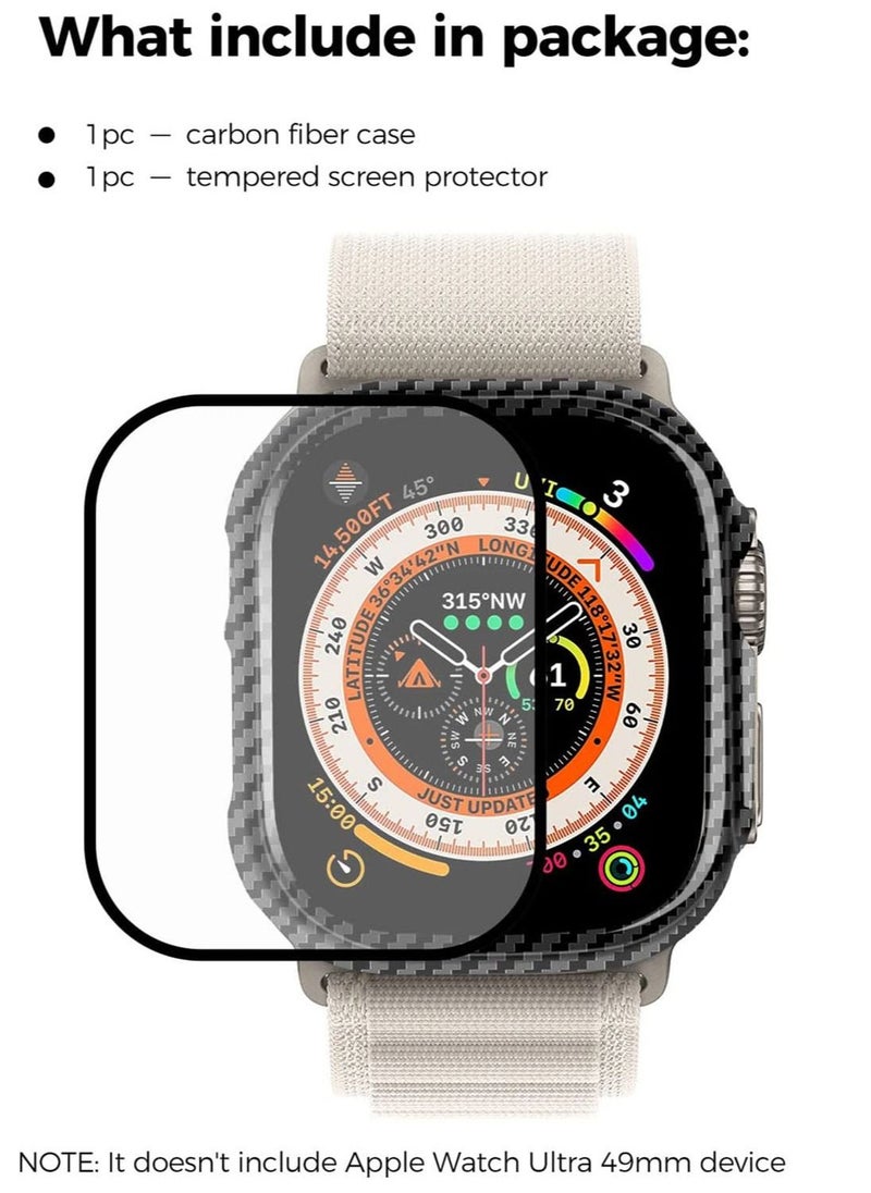 MONOCARBON - Real Carbon Fiber Apple Watch ULTRA 49mm Case Cover includes Tempered Glass Screen Protector - Glossy Black - Image 1